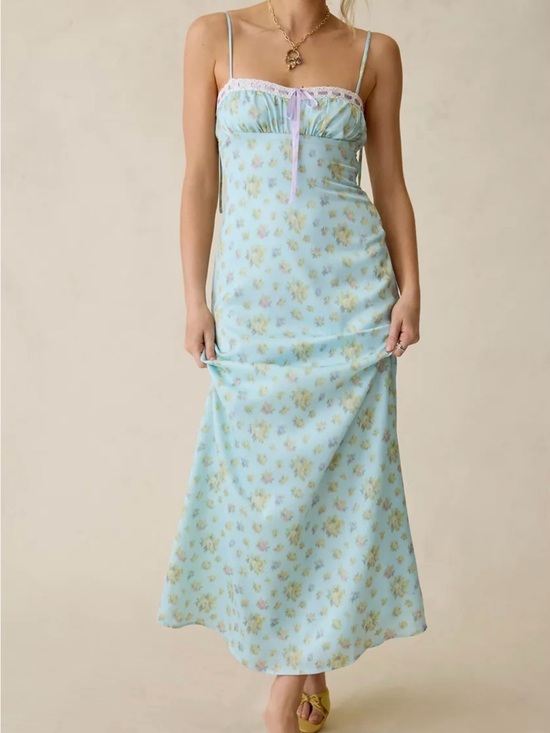 Urban Outfitters Other - Urban Outfitters Light Blue Floral Satin Slip Dress with Pink Lace Trim